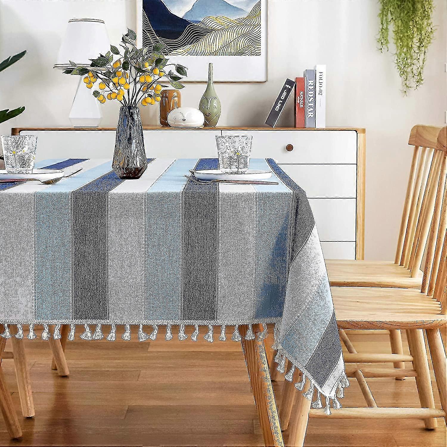 Toalha de mesa listrada costurando retângulo de mesa de algodão pano de tecido de tecido de linho de tecido para cozinha mesa de jantar 54 X 54 polegadas azul