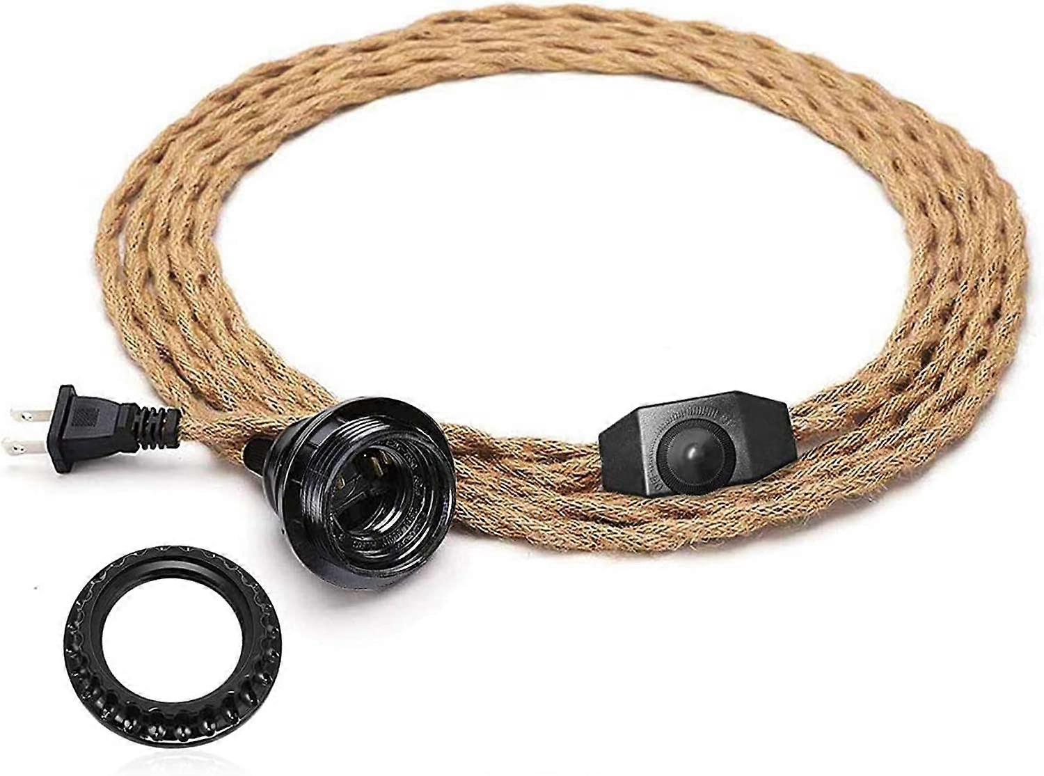 ビンテージ プラグイン ハンギング ライト キット、ビンテージ 15FT ツイスト ヘンプ ロープ ペンダント ライト コード キット、調光スイッチ付き、工業用ペンダント照明 E26 ソケット f