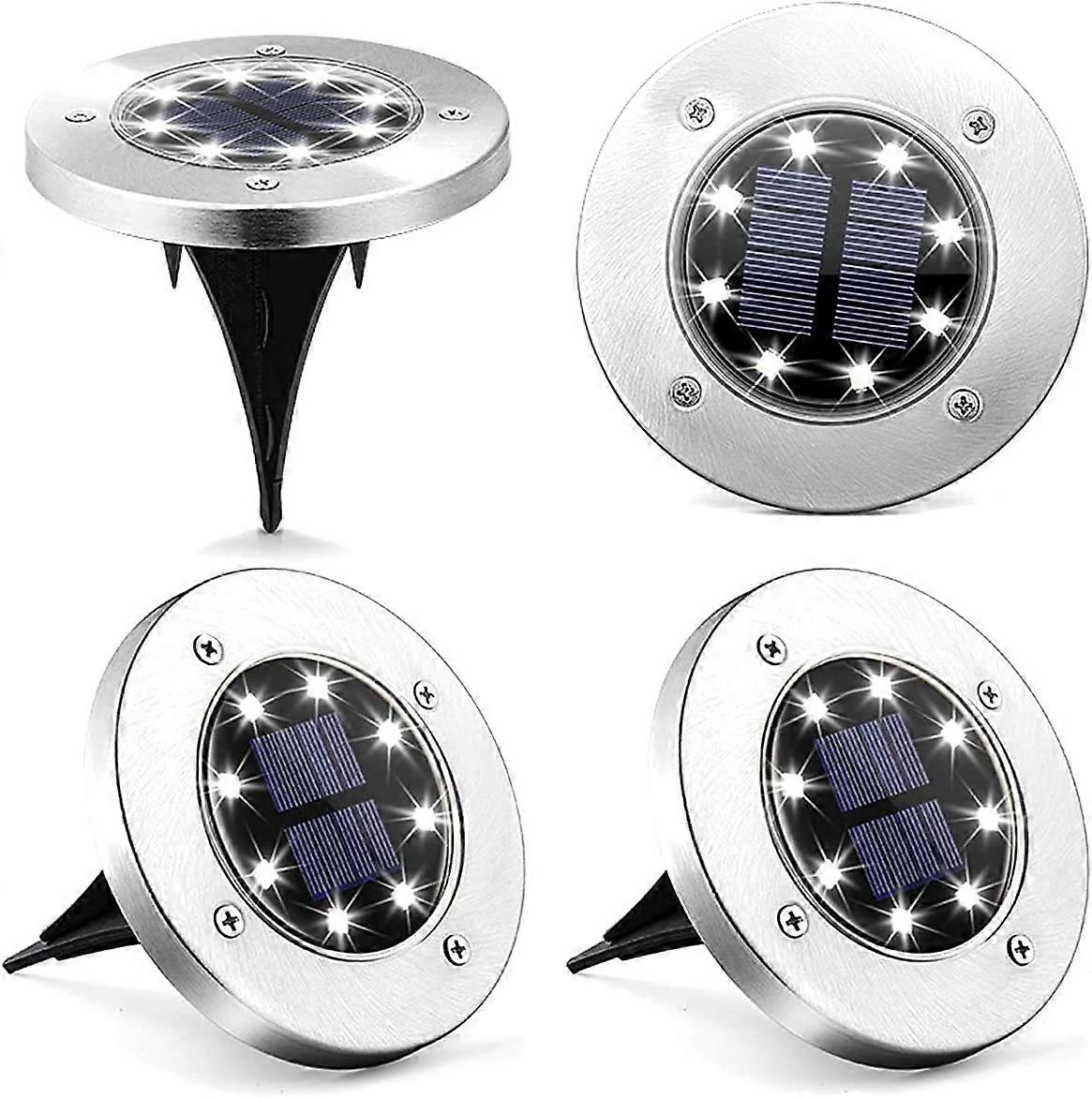 Solar Ground Lights 4 Pack, 8 LED Disk Lights (White)