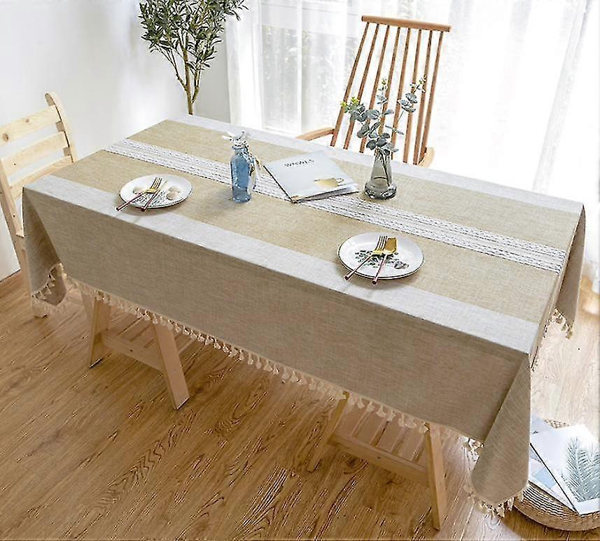 90cm Stripe design solid with tassels rectangular wedding table cover tea tablecloth(Light brown)