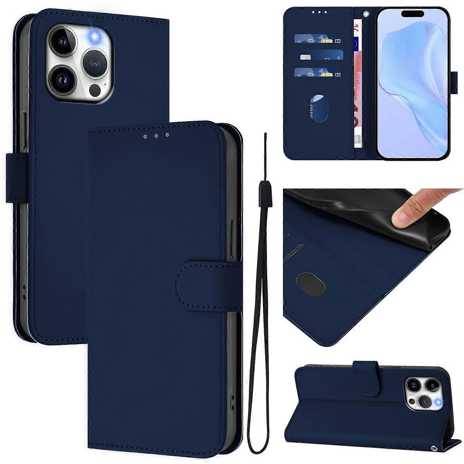 For iPhone 15 Pro Max Case Solid Color Wallet Leather Phone Cover with Strap - Navy Blue