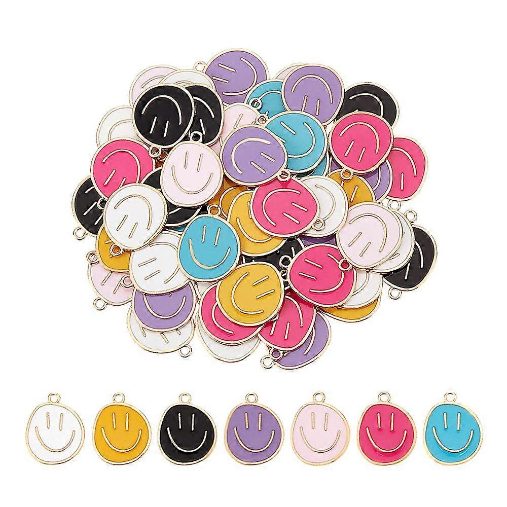 70pcs 7 Colors Alloy Enamel Pendants Cadmium Free & Lead Free Golden Flat Round with Smiling Face Charm Mixed Color 19x15x2mm Hole: 2.5mm 10pcs/color