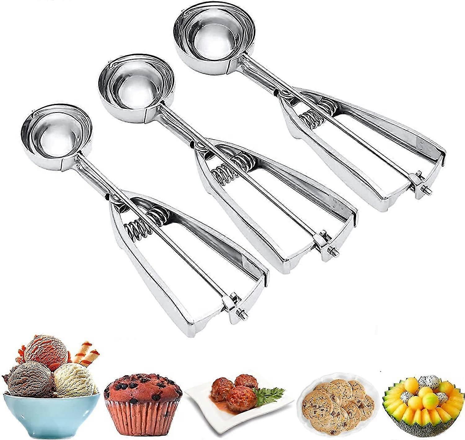 Ice Cream Scoop, 3pcs Cookie Scoop Set, Stainless Steel Ice Cream Scooper With Trigger Release,cookie Scooper