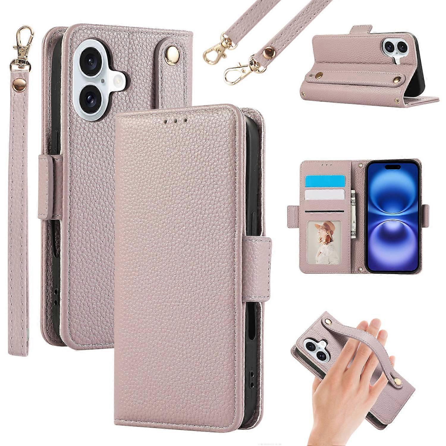 For iPhone 16 Plus Leather Case with Card Holder,Straps,Shockproof Wallet Phone Cover-Purple