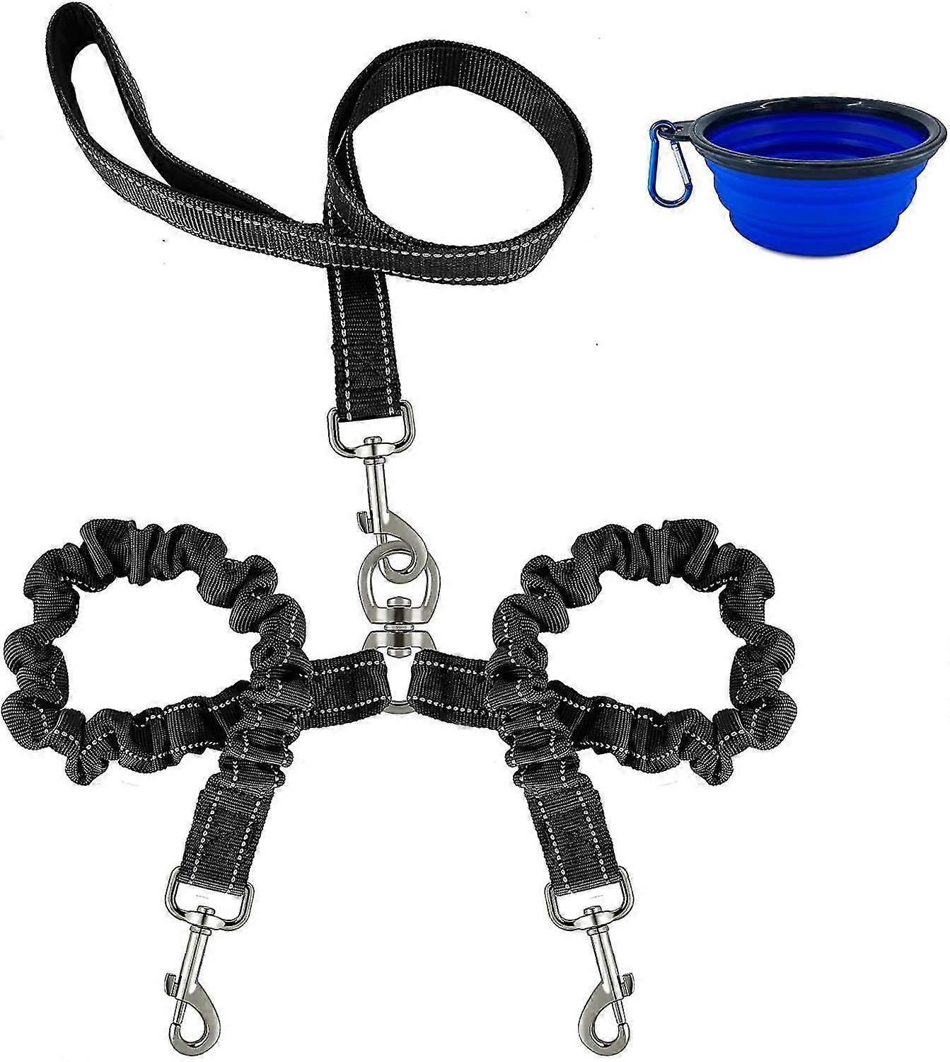 Double Dog Leash, Double Dog Leash With Reflective Hook, Two Adjustable Dog Leashes, Tangle Free 360  Rotation, Bungee Jumping Design, 23 Inch Foldabl