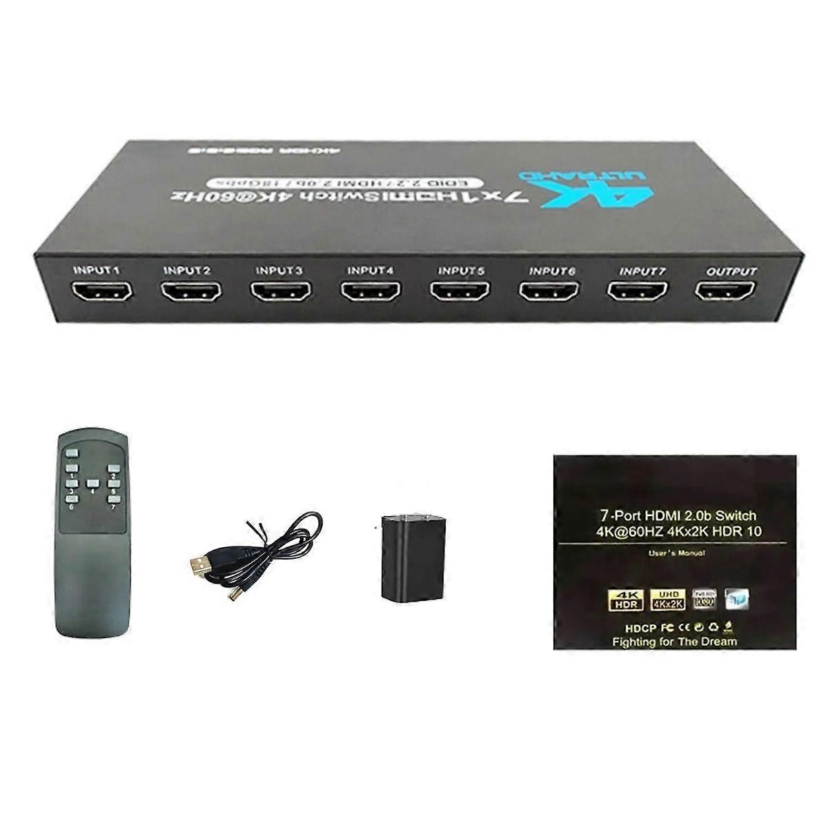 7 Port HDMI Switch 4K@60Hz Remote Control Operation, Auto-Switching for Gaming Console Integration