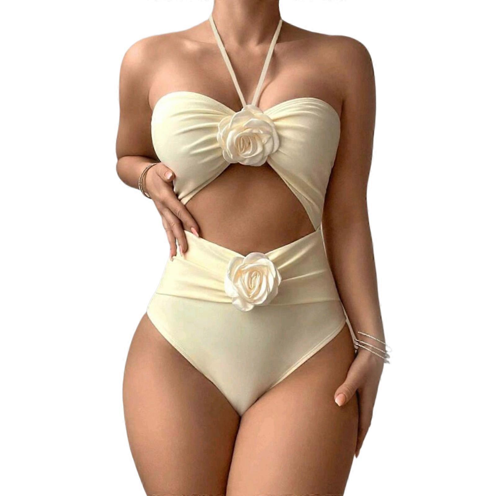 Femmes 1Piece 3D Flower Decors Maillot De Bain Sexy Halterneck Backless Maillots de bain Couleur unie Push Up Découpe Avant Maillot de bain laiteux S