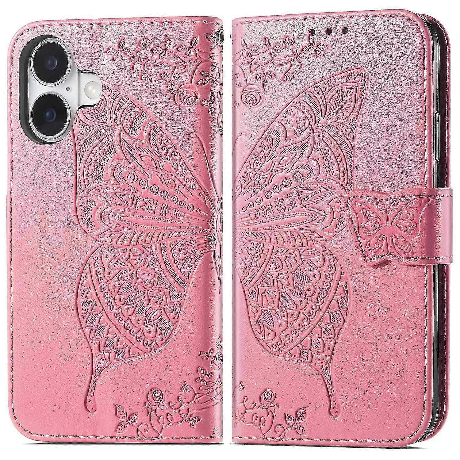 For iPhone 16 Case PU Leather Wallet Phone Cover Butterfly Pattern