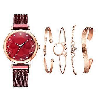 SQCLV 5pcs Armreif Uhrenset Quarzlegierung Elegent Hochglanz Tägliche Accessoires Schmuck Set mit Aufbewahrungsbox Rot