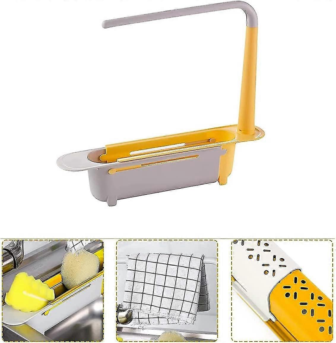 Telescopic Sink Storage Rack, Adjustable Length Sink Drain Rack Soap Sponge Holder With Dishcloth Hanger Sink Dryer Rack