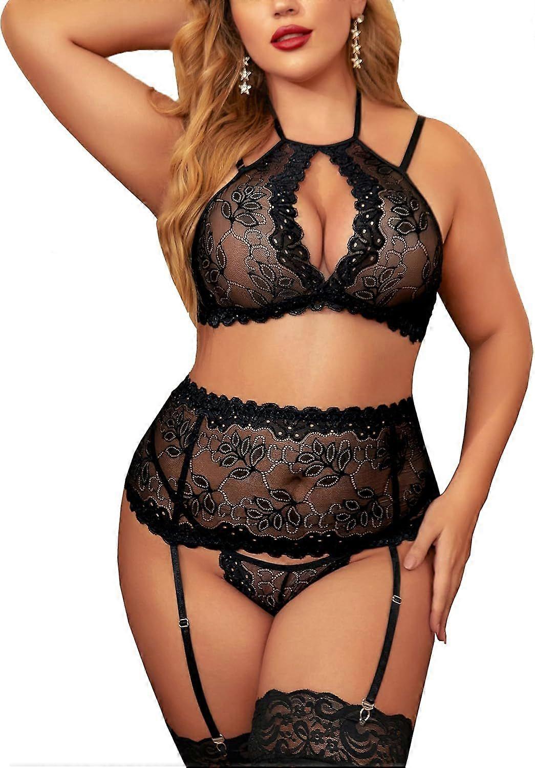 2025 Latest Model Damen Dessous Sexy Set Plus Size Blumenspitze BH und Panty Set Halter S