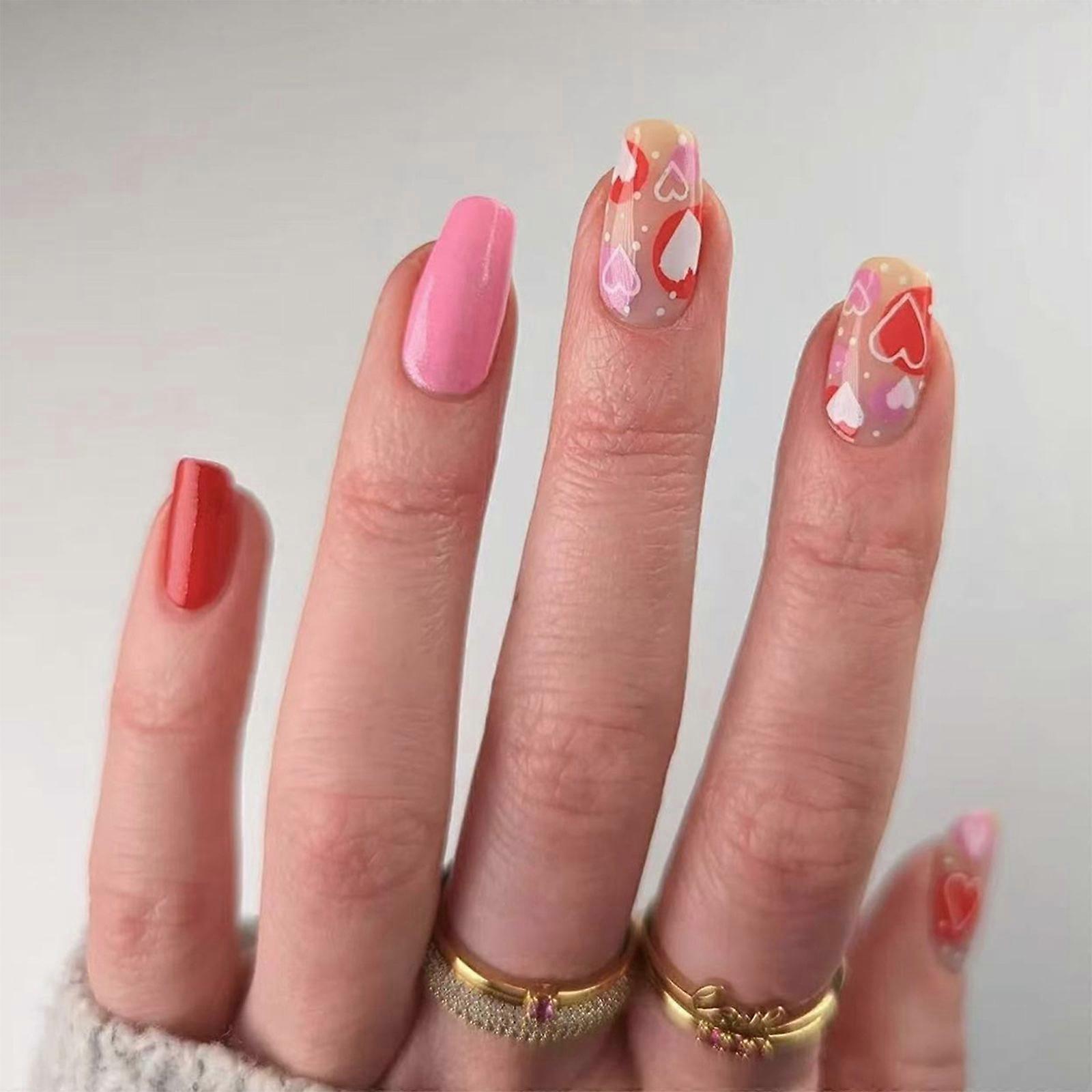 ולנטיין ציפורן מזויפת מרובעת לחץ על ציפורן אקריליק כיסוי מלא מקל ציפורן מלאכותית מבריק 12 גדלים