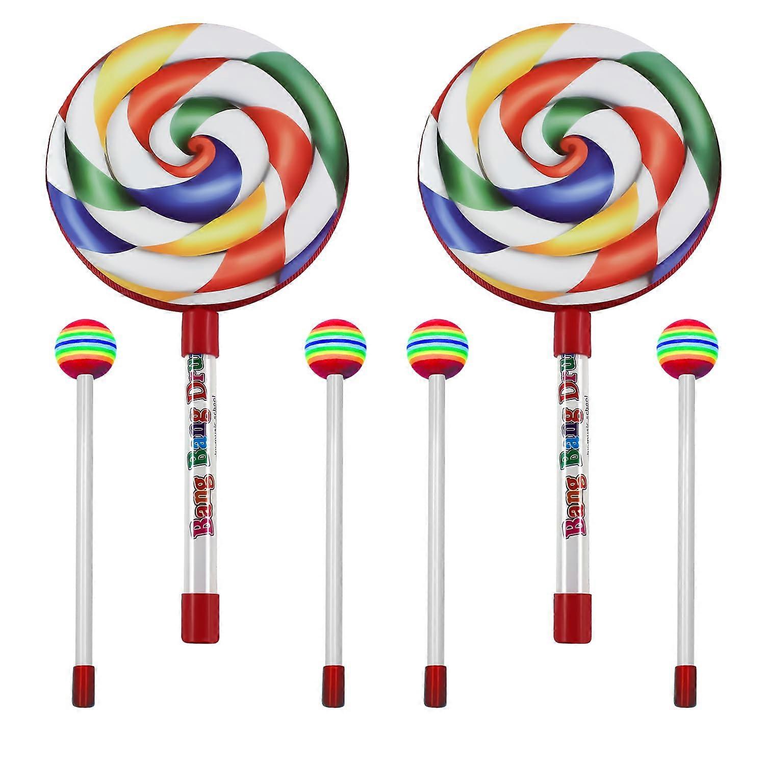 6-Inch Lollipop Drum Set 6PCS with Rainbow Drumsticks - Colorful Musical Hand Drum Percussion Instrument for Kids