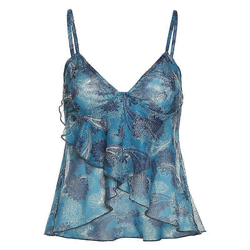 Fashion Backless Mesh Print Blouse Women Summer Sleeveless Loose Cropped Shirt Woman Elegant Vintage V Neck Sexy Tops Women's Clothing 24541