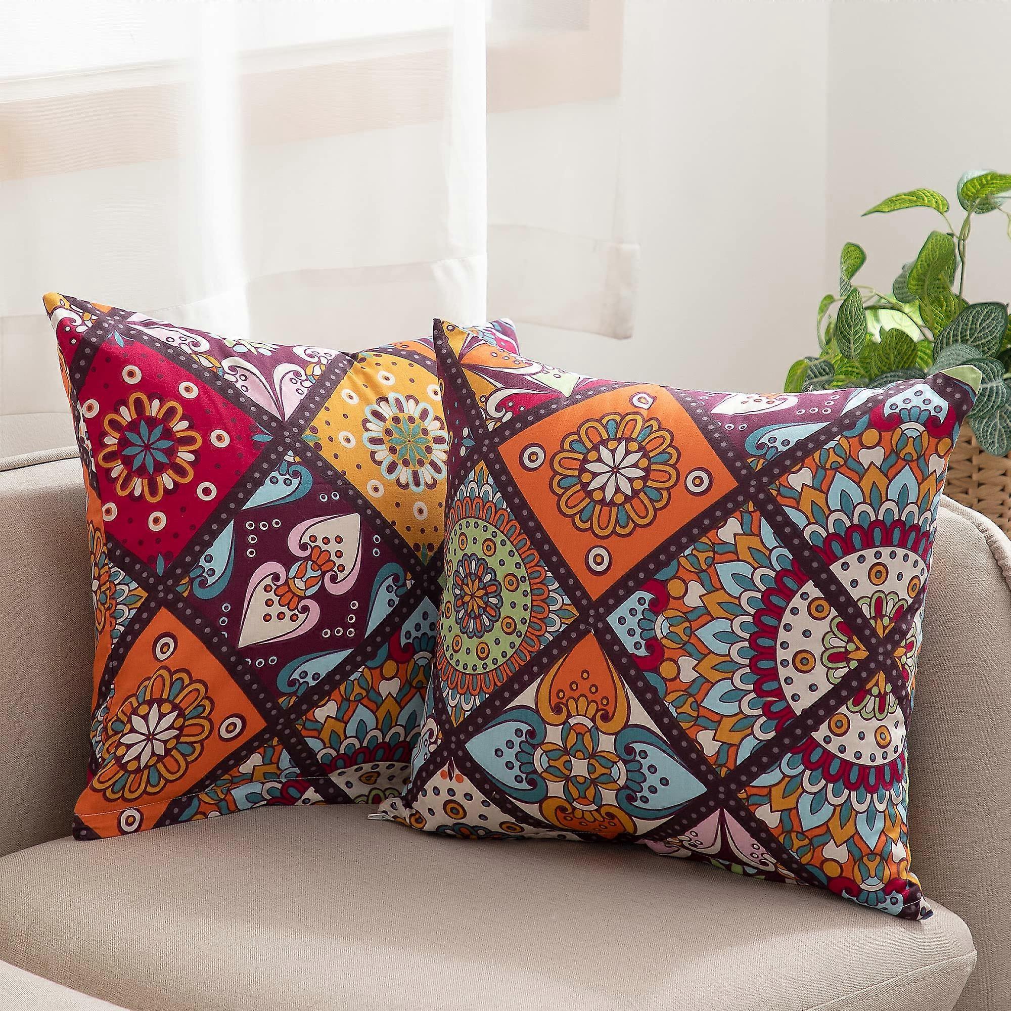 Set of 2 40 x 40 cm Bohemian Pillowcases, 100% Cotton, Colourful Paisley Design, Hypoallergenic, Super Soft with Zips