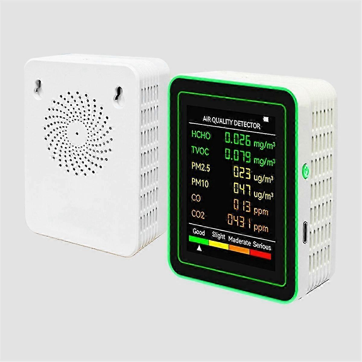Air Quality Detector 6 in 1 Detector HCHO TVOC CO2 CO PM10 PM2.5 Meter Gases Detecting Intelligent WhiteWhite SZRH A-V