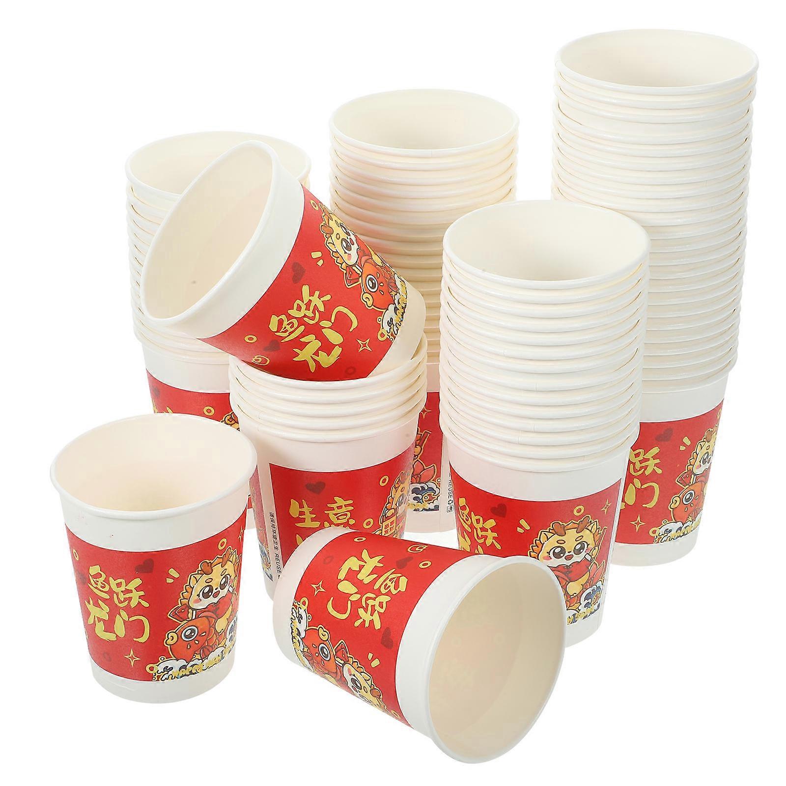 100pcs Thickened Disposable Paper Cups with Year of Dragon Design for Weddings, Banquets, and Home Use – Perfect for Water, Beverages, and Party
