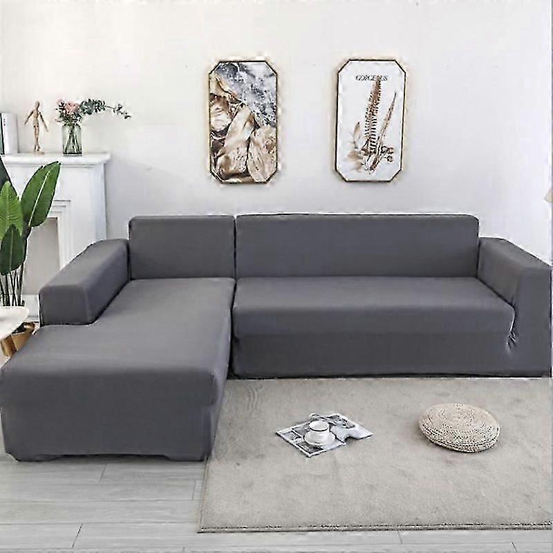 L Shaped Corner Sofa Cover - Polyester - Grey - 3+2 Seats - Washable