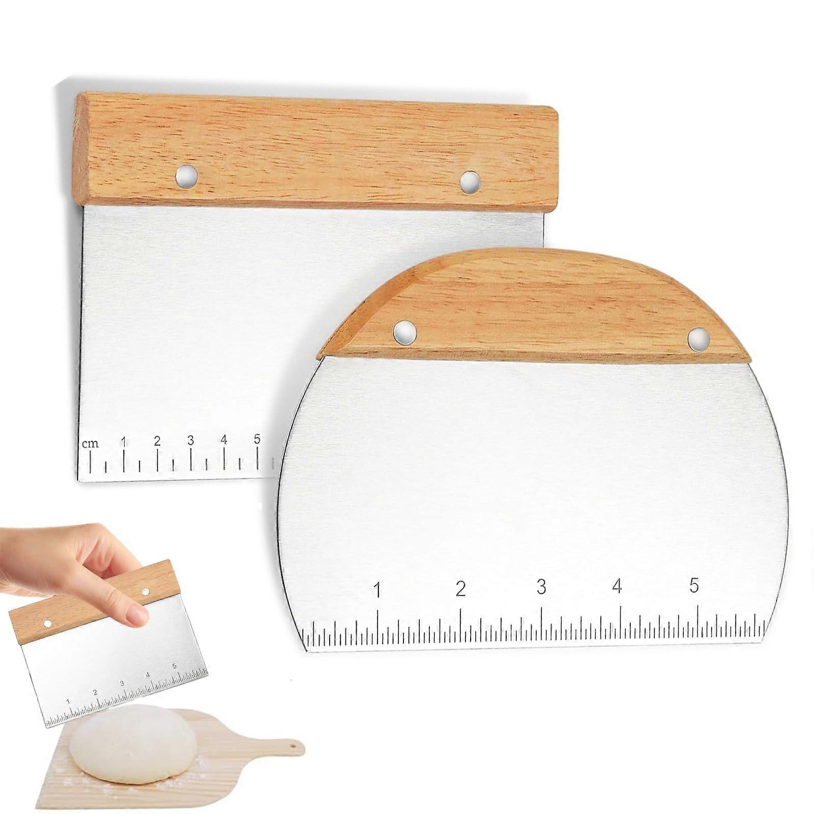 Dough Scraper Set of 2, Stainless Steel Dough Cutter with Wooden Handle, Food Grade Pastry Scraper for Bread and Pizza
