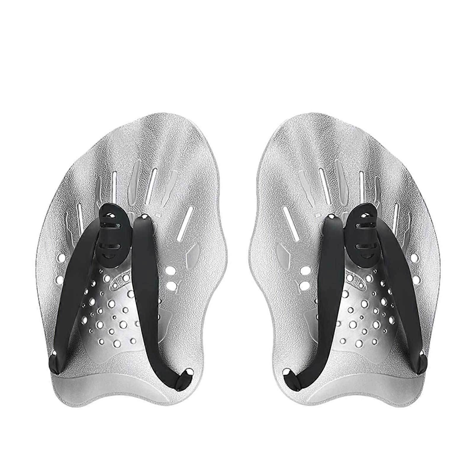 Swimming Hand Paddle - Silver Pack of 2 Training Gloves with Strap for Beginners & Professional Athletes