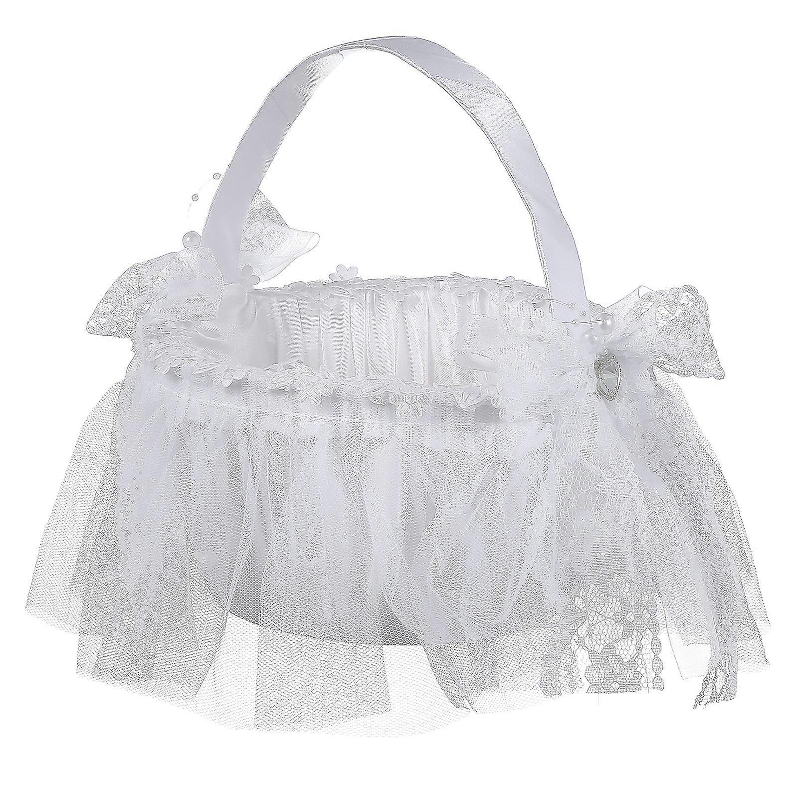 Wedding Flower Girl Basket Lace Pearl Bride Basket for Bridal Ceremony Party Decoration