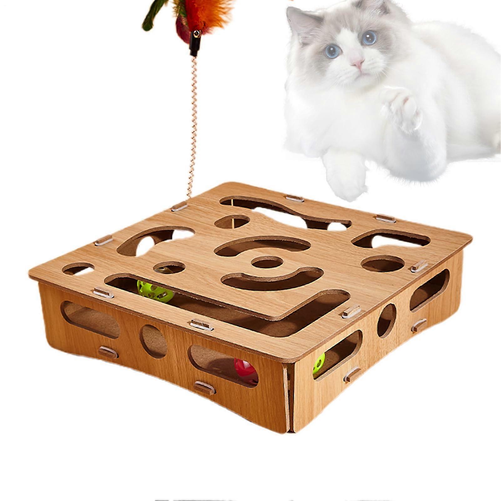 Cat Toy Interactive Wooden Puzzle Labyrinth Box for Indoor Cats - Stimulation Mental Game with Kitten Balls for Boredom Relief