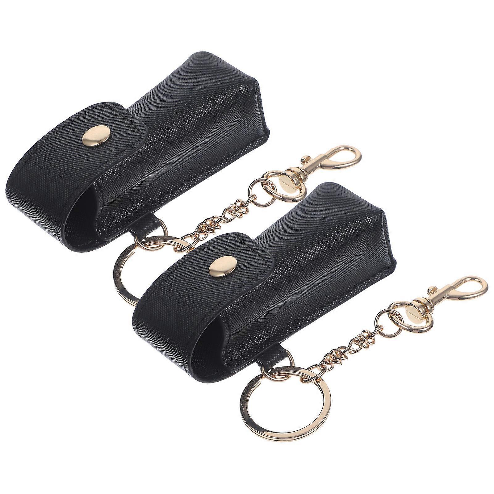 Lipstick Holder Keychain Attachment Black PU Leather Pouch for Women Girls 8.3 x 3 x 1 cm 2Pcs