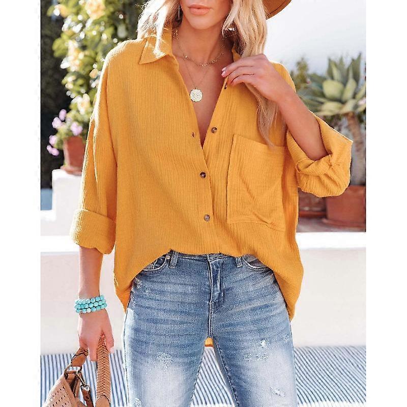 Frühling und Herbst Damen Plus Size Hemd Mode Revers Tasche Bonbonfarbe Langarm Top