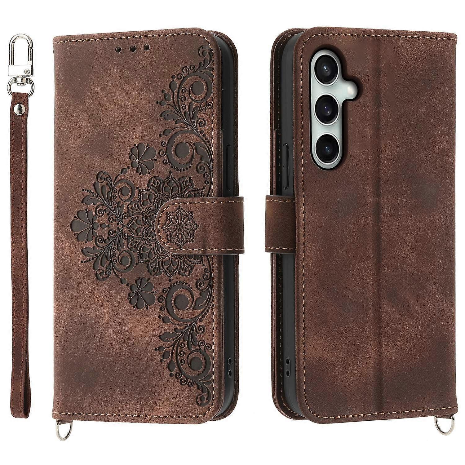 For Samsung Galaxy S24 FE Case Flower Pattern PU Leather Wallet Phone Cover with Shoulder Strap
