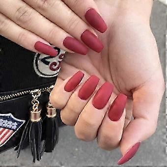 Matt Fake Naglar Medium Ren Färg Ballerina Full Cover Art False Nail Tips Tryck på naglar 48st för kvinnor och flickor (röd)