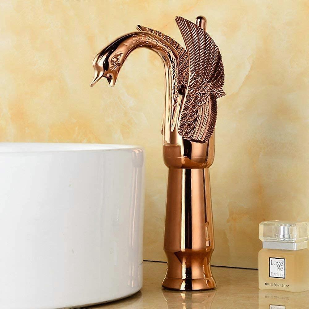Kitchen Faucet with High Spout, Retro Brass Basin Mixer Tap, Swan Shape Design, Rose Gold Finish for Bathroom and Kitchen Sinks