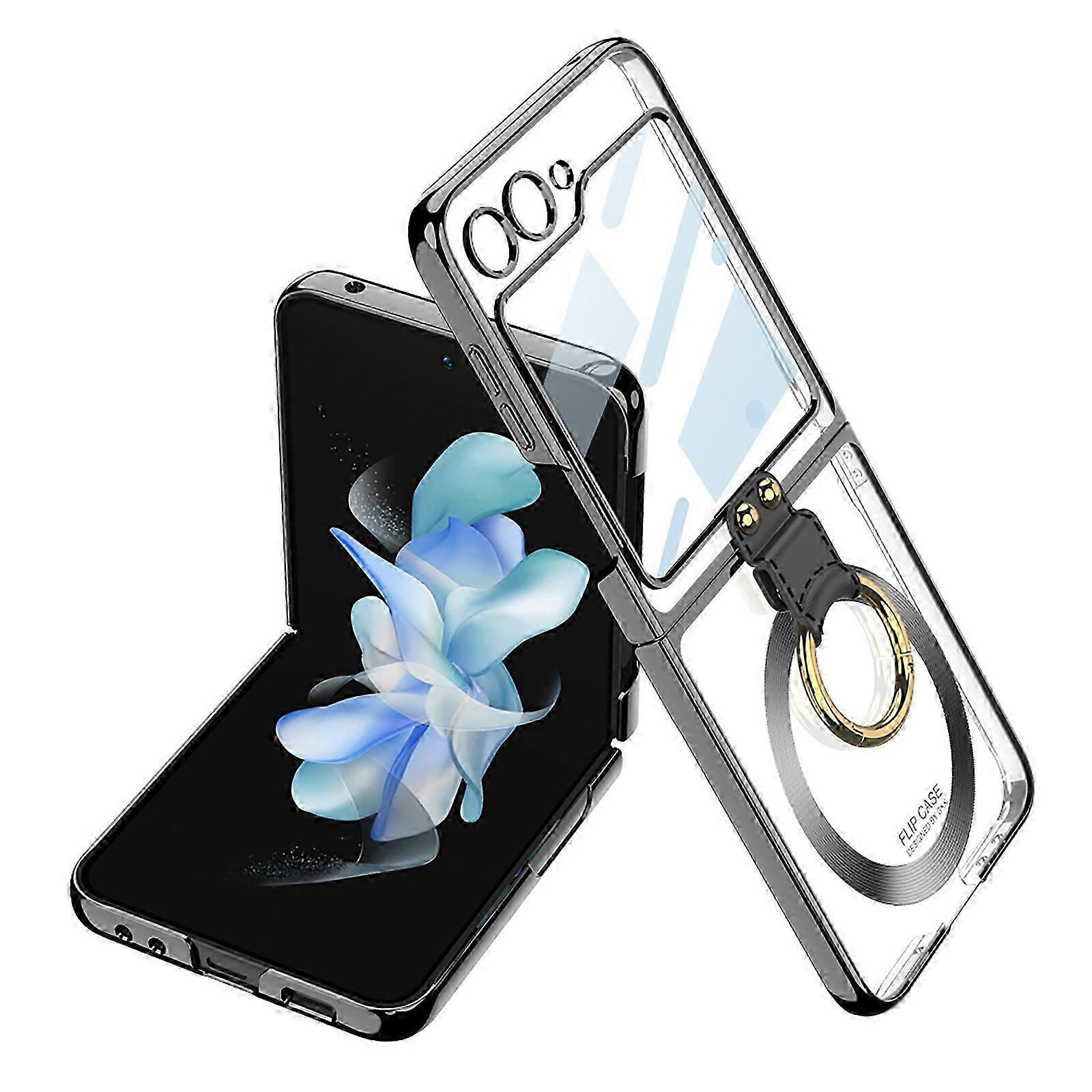 Clear Case for Z Flip 5 with Ring Holder Easy Hold, Ultra-Thin Folding Free Non-Yellowing Clear Back Cover Protector Cover Stand Case