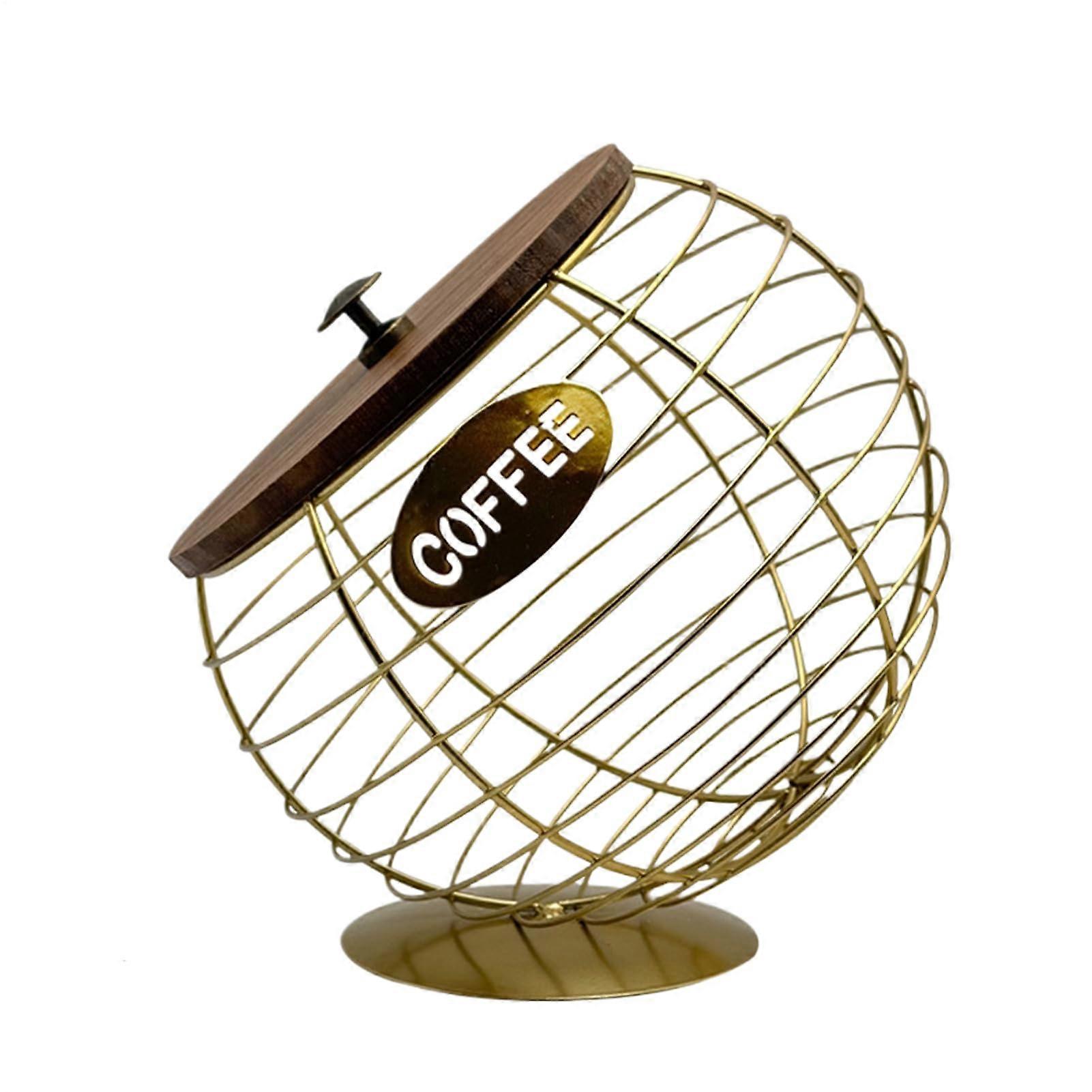 Iron Coffee Capsule Holder with Lid Durable Organizer for KCups, Pods Stylish Storage Stand in Gold