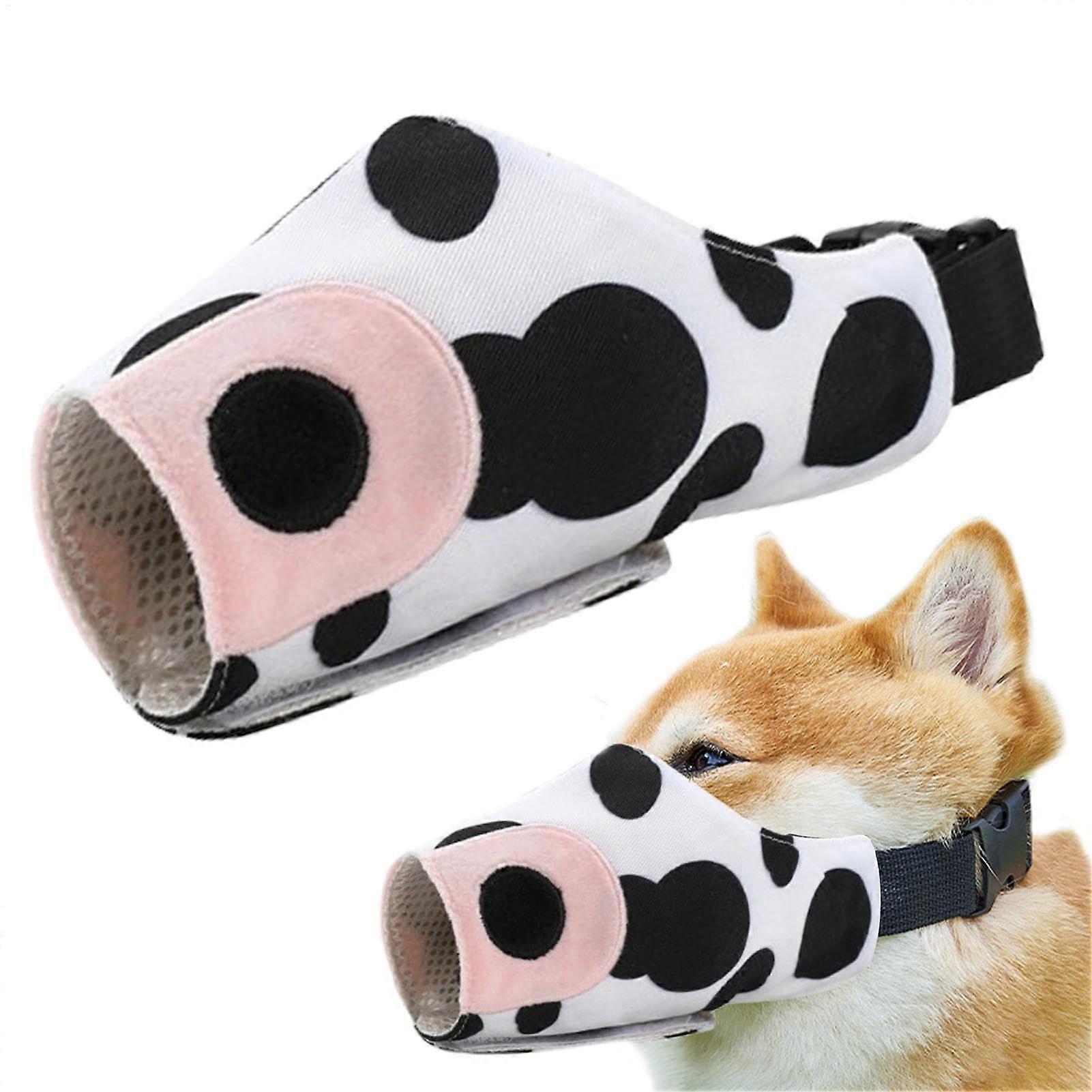 Dog muzzle, cow design, breathable, prevents biting, adjustable loop, secure training cover to stop biting and chewing