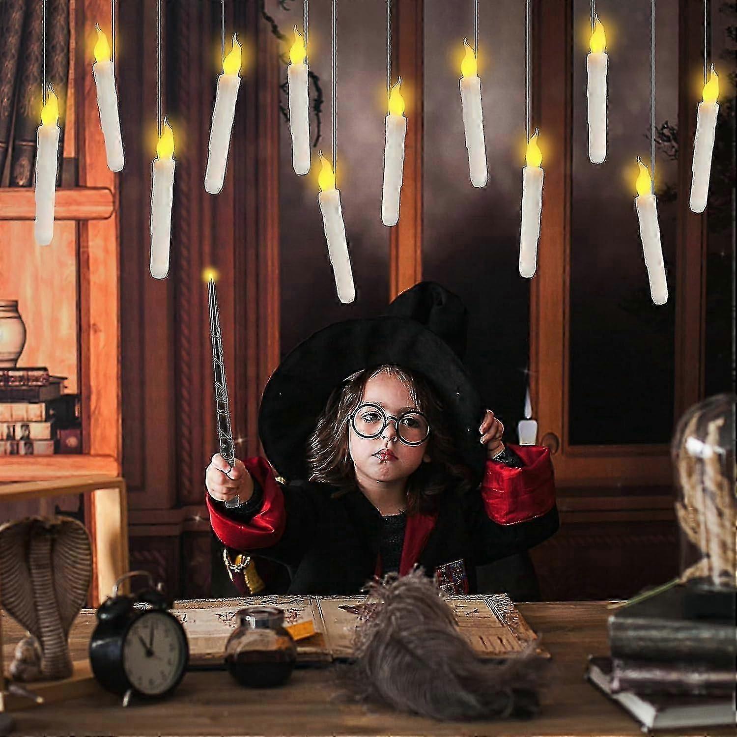 Halloween Floating Candles With Magic Wand Remote, Hanging Floating Flameless Taper Candles, Flickering Warm Light Led Candles