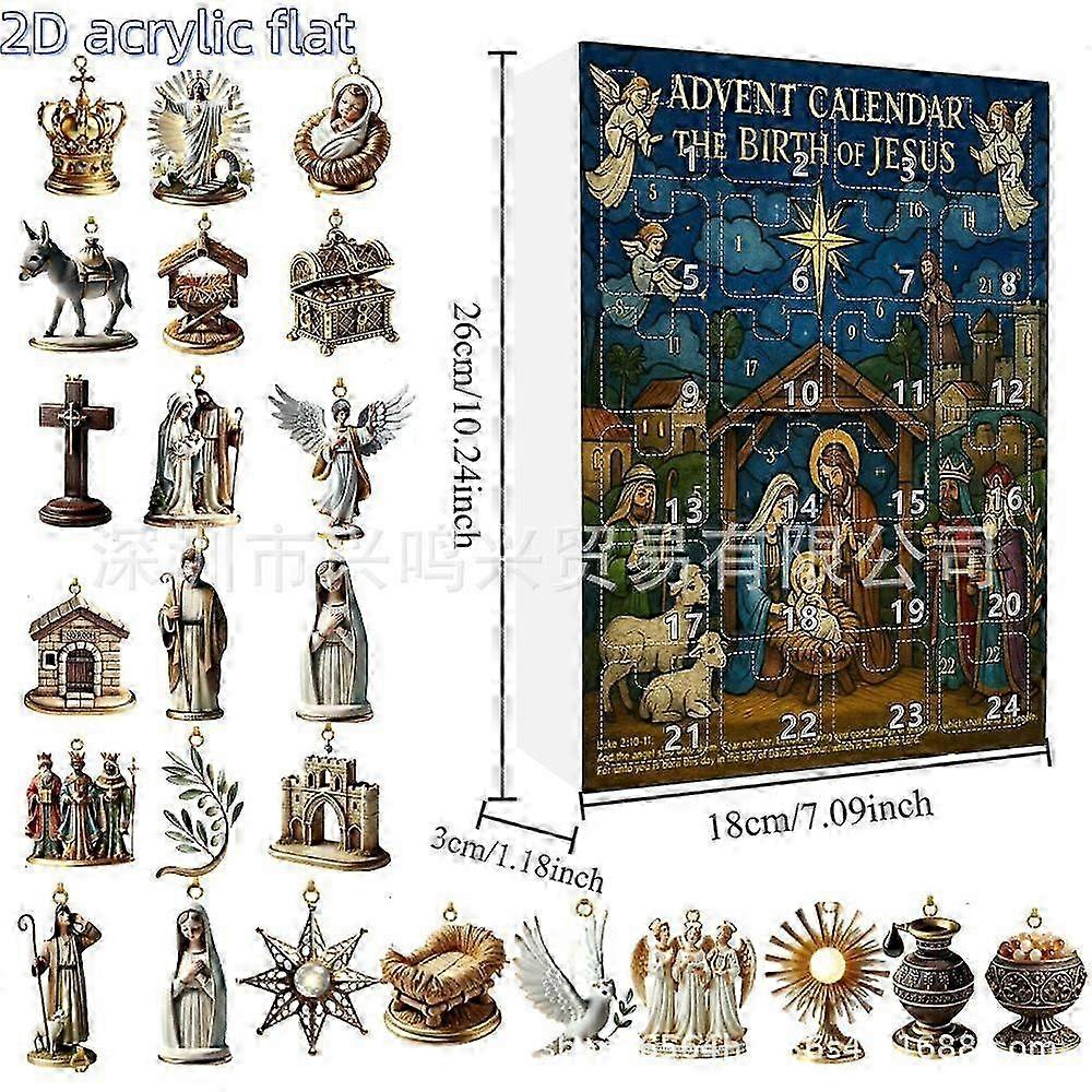 Advent Calendar The Birth of Jesus, 24 Days Countdown with 2D Acrylic Flat Ornaments, Christmas Nativity Scene Decorations, Religious Holiday Countdow