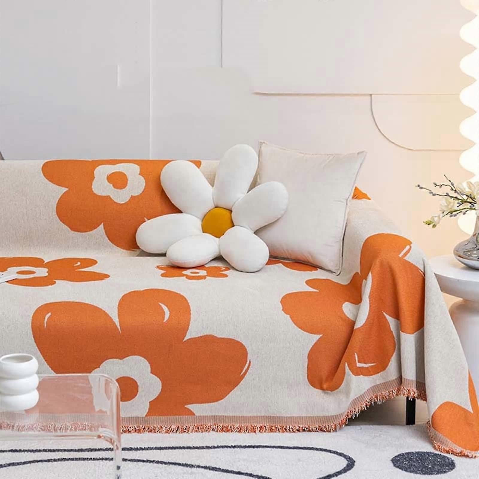 Cover for Couch From Dogs Orange Flowers Pattern Chenille Fringed Pet Couch Protector 71W x 150L