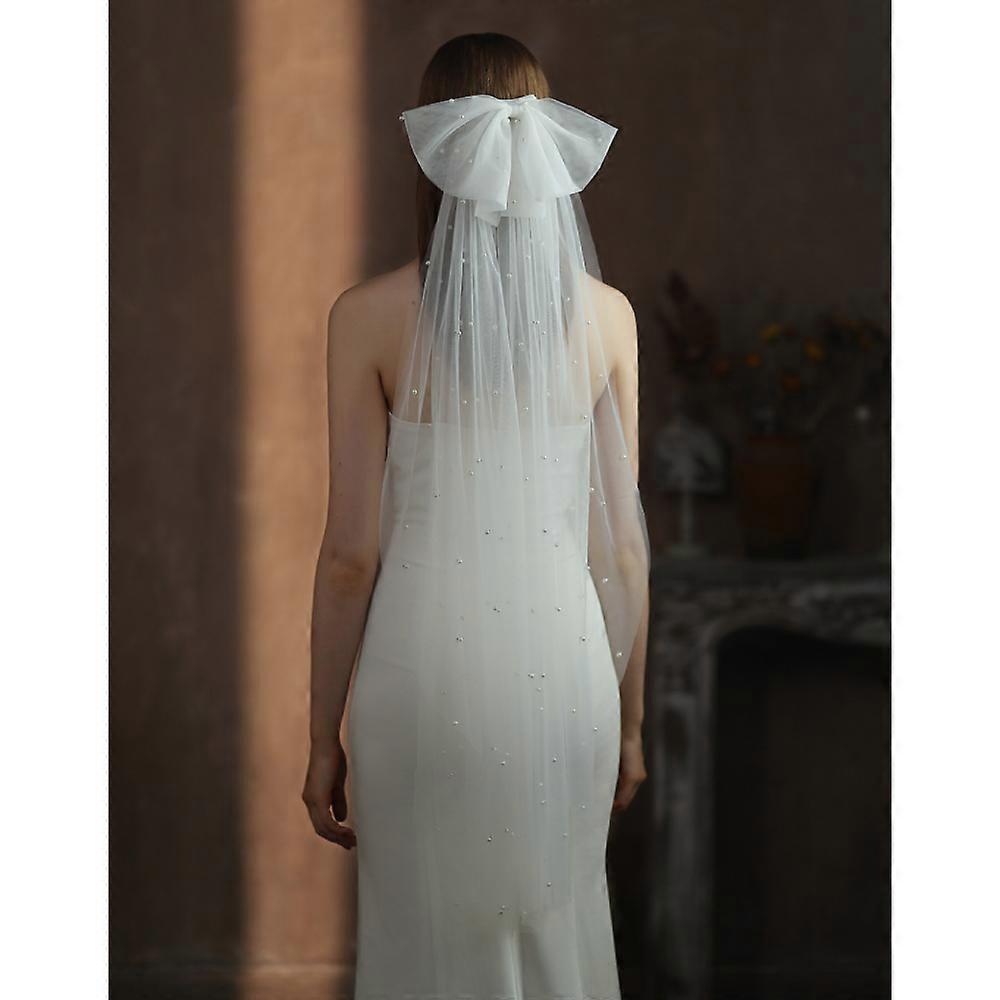 Vintage Bridal Veil with Pearls and Large Bow, White, Single Layer, Wedding Hair Accessory