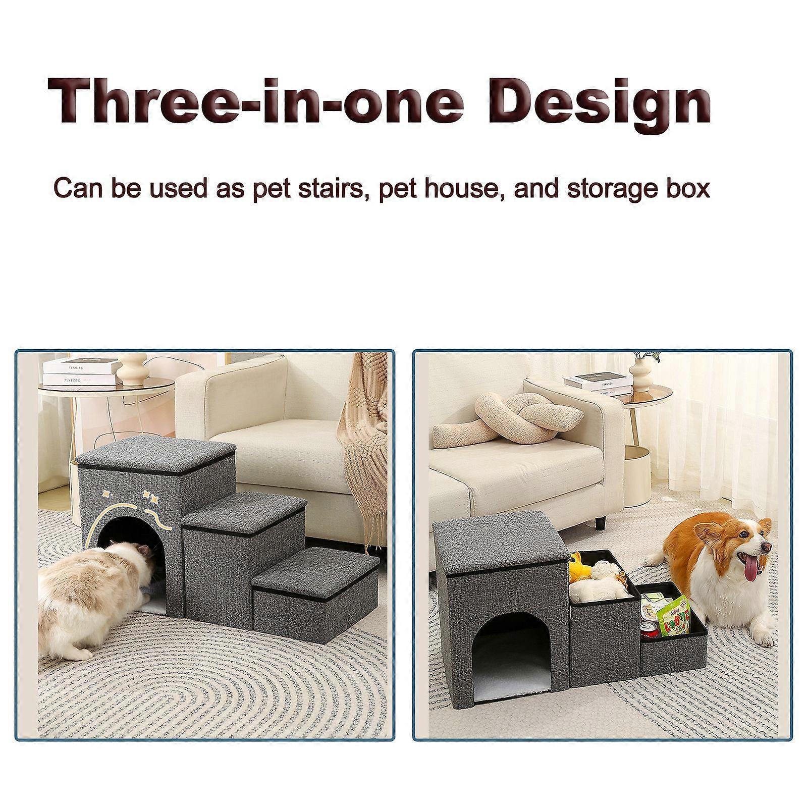 Pet Stairs Foldable Dog Steps Comfortable and Durable Three-in-one Design Stairs with Storage and Pet House 3-Step Pet Stairs Non-Slip Dog Ramp for S