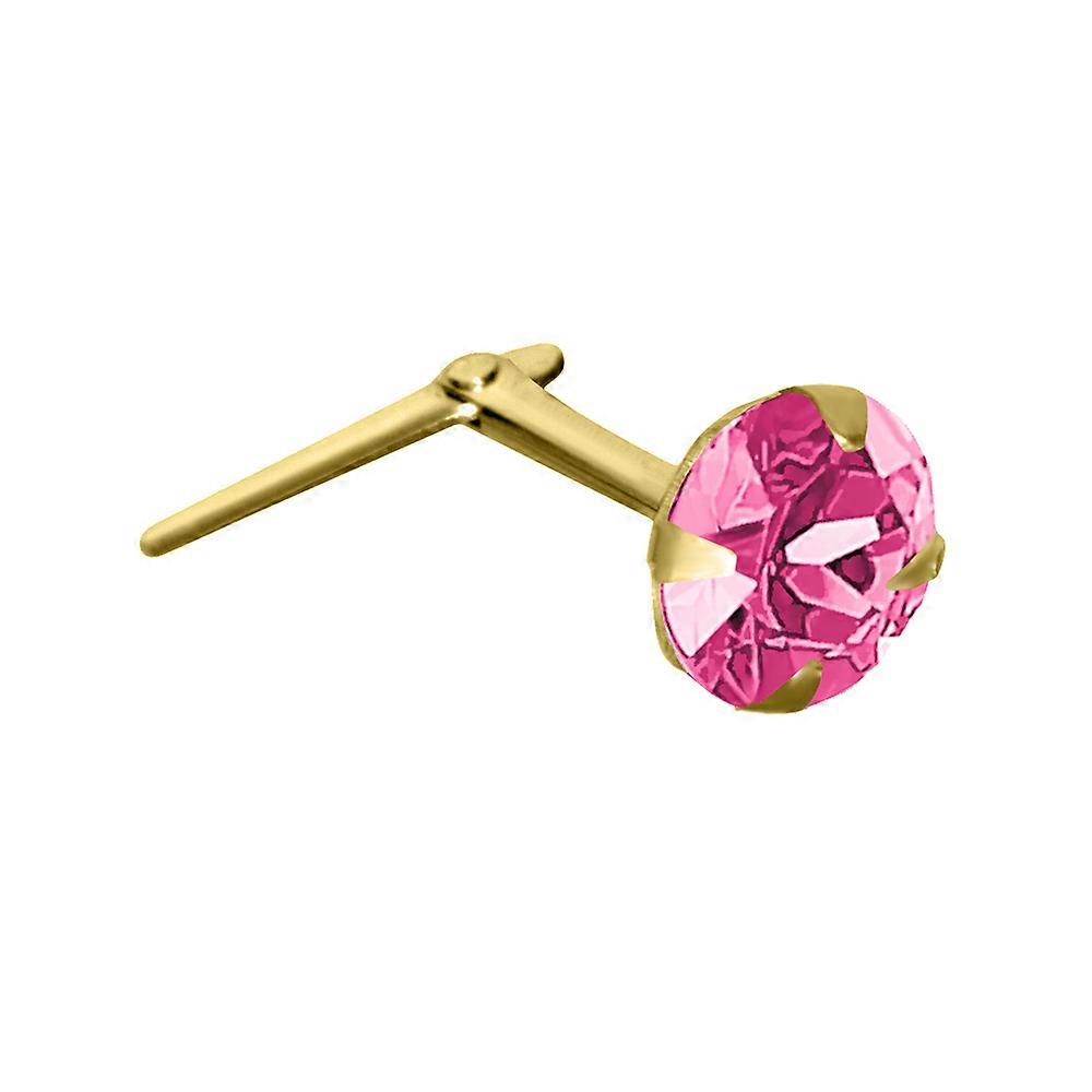 Jewelco London Ladies 9ct Yellow Gold Pink Round Crystal Solitaire Claw Set Andralok Hinged Nose Stud 4mm