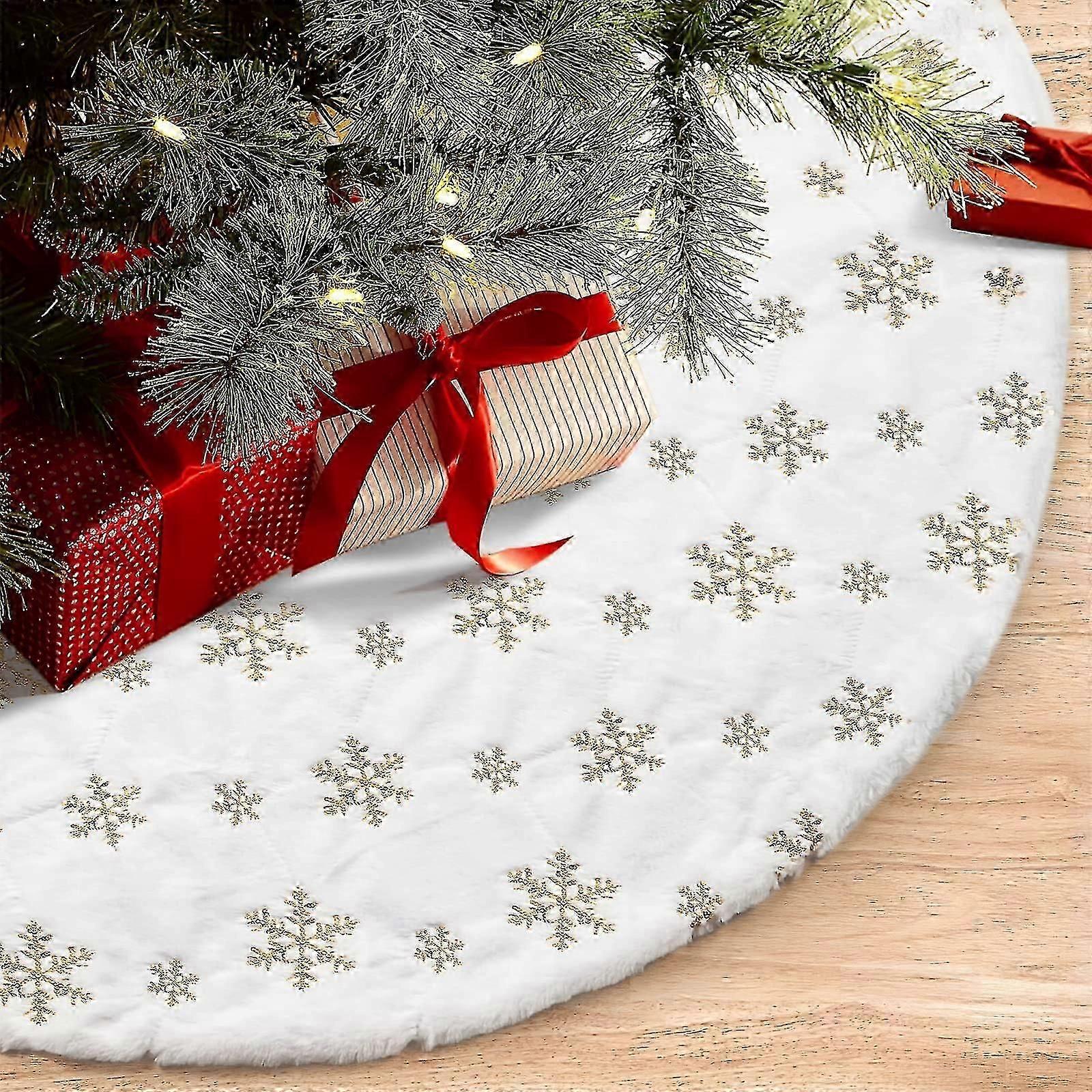 48 Inches/122cm Christmas Tree Skirt For Christmas Tree Holiday Party Decorations White Plush Gold Sequin Snowflake