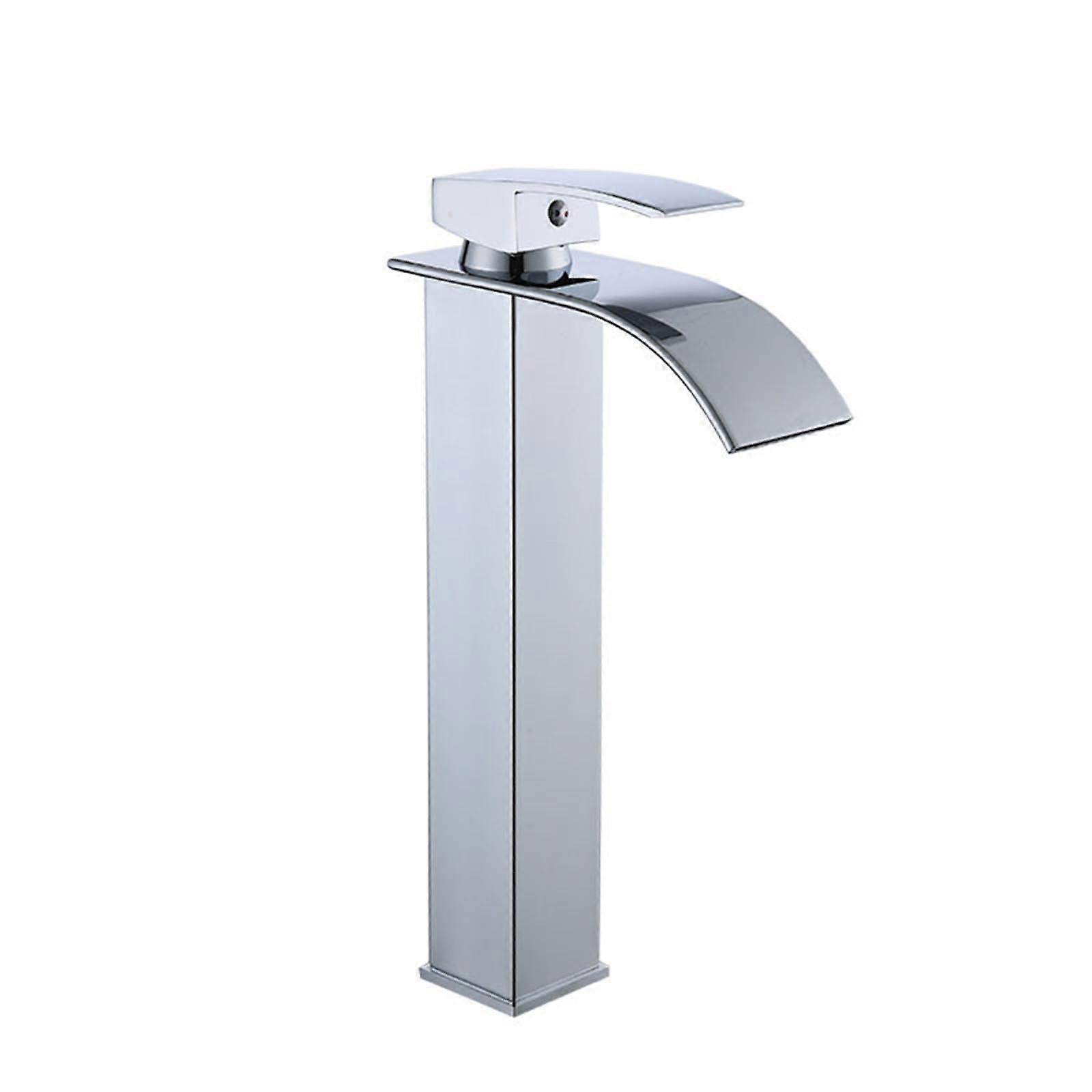 Waterfall Basin Mixer Tap Rise Flat Spout Single Lever Silver Finish Tall Bathroom Faucet Hot And Cold