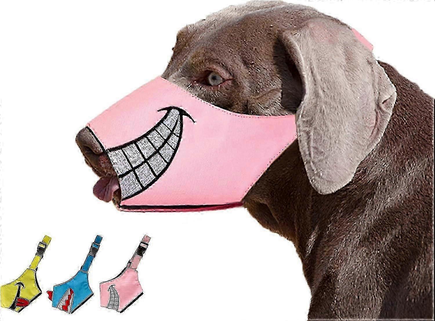 Dog Muzzle, Smiley Face Muzzle with Soft Breathable Air Mesh Nylon, Anti Biting Barking Chewing, Adjustable Dog Mouth Cover (Pink, L)