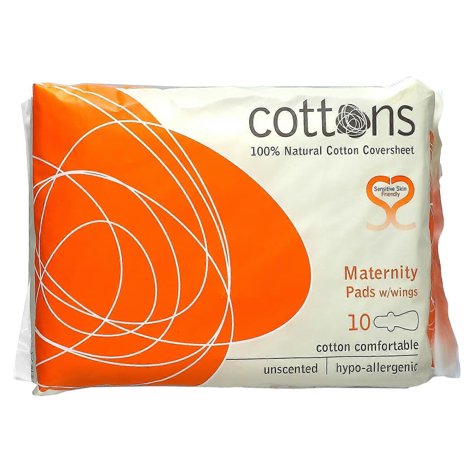 100% Natural Cotton Coversheet, Maternity Pads with Wings, Heavy, Unscented, 10 Pads