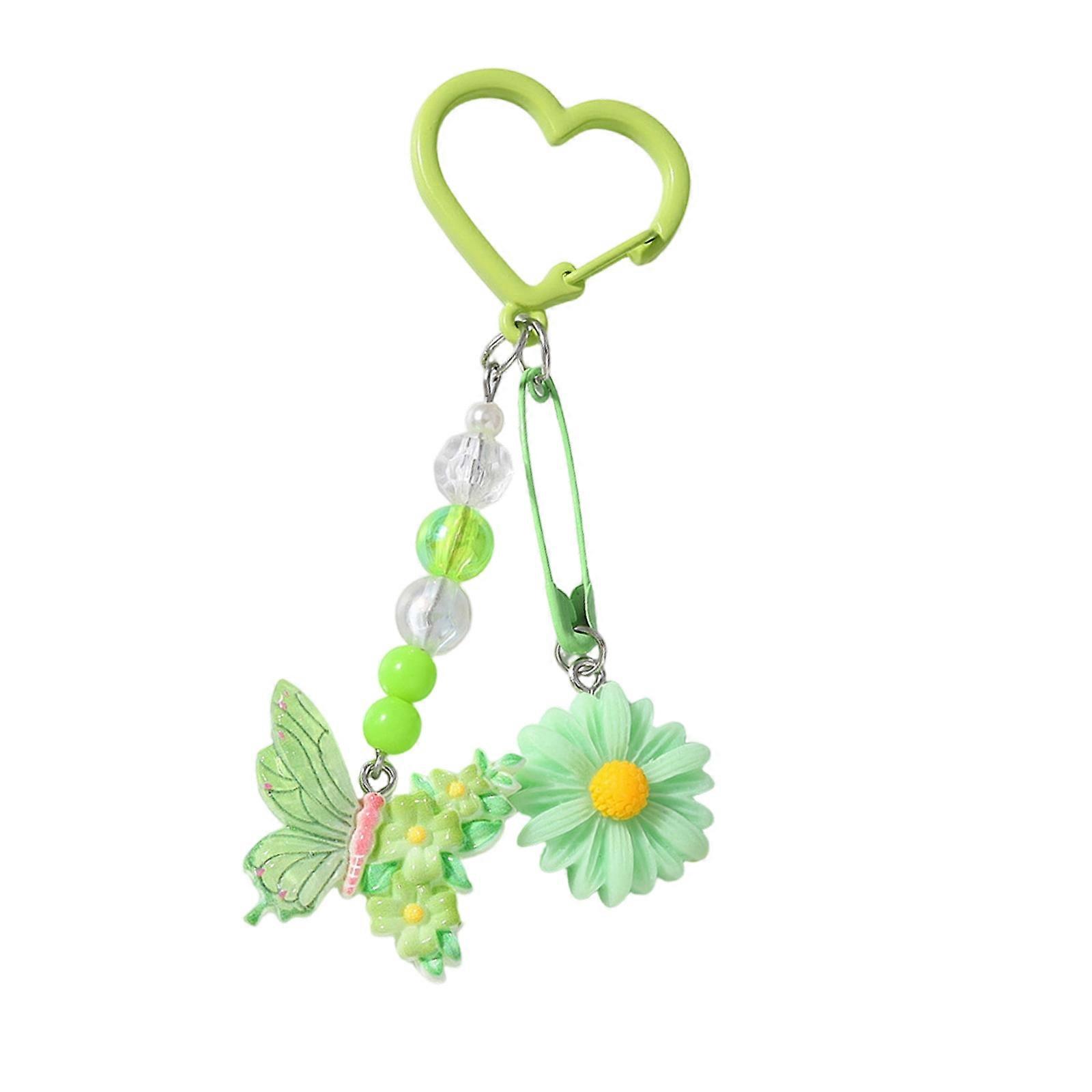 Artistic Star Daisy Butterfly Design Keychain With Beaded Accents Alloy Resin Crafted For Personal Style Enhancement  Green