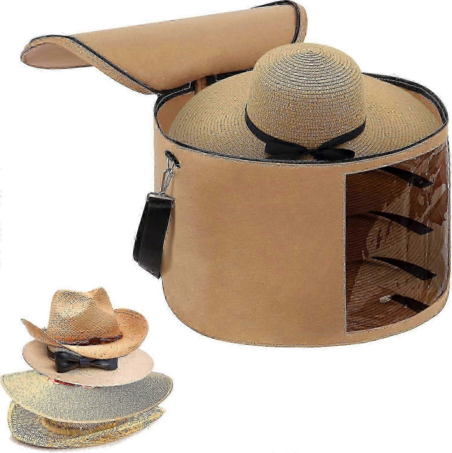 17.7" D x 11.8" H Foldable Round Hat Boxes with Lids, with Handles Shoulder Strap for Carrying & Storing Various Types of Hats, Camel