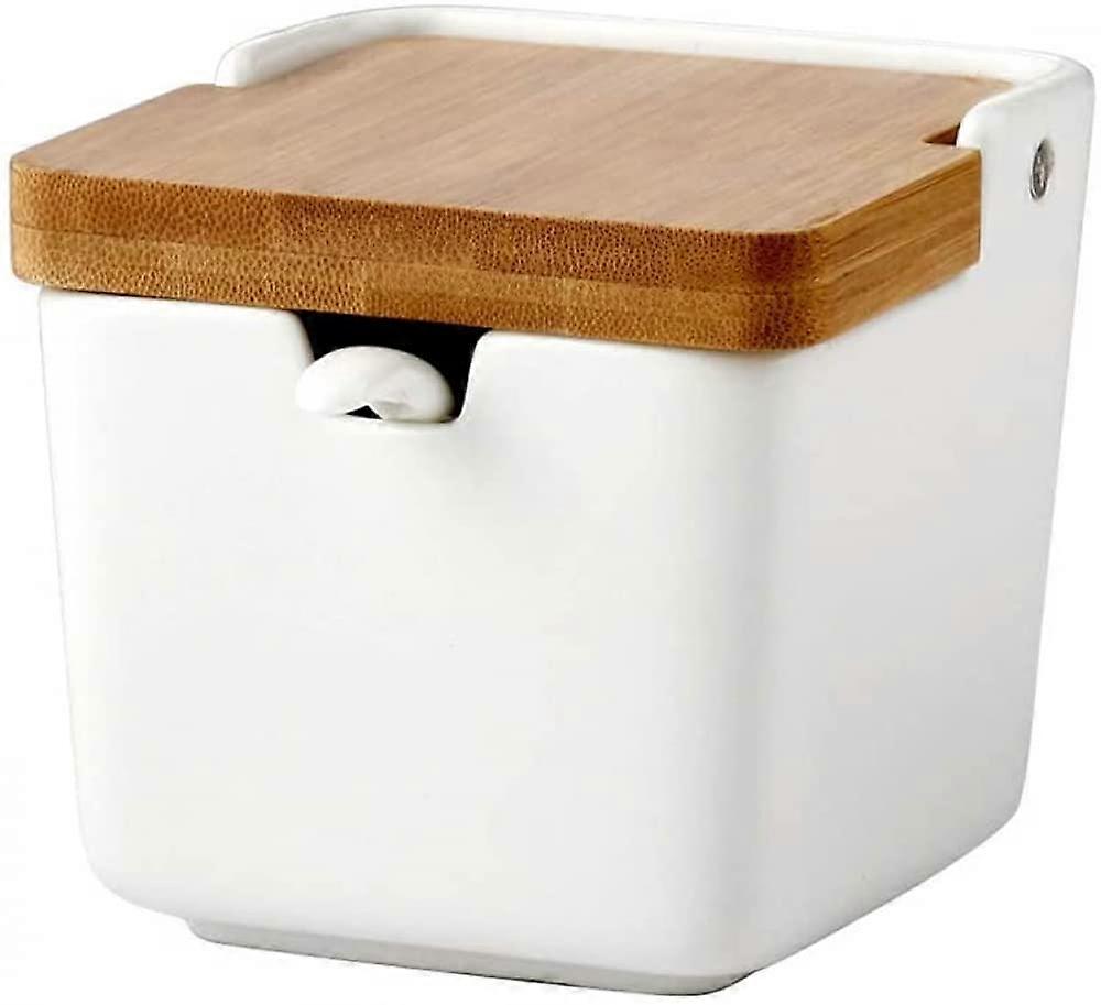 250ml Ceramic Spice Jars with Bamboo Lids and Spoons, Set of 2 for Salt Sugar Seasoning