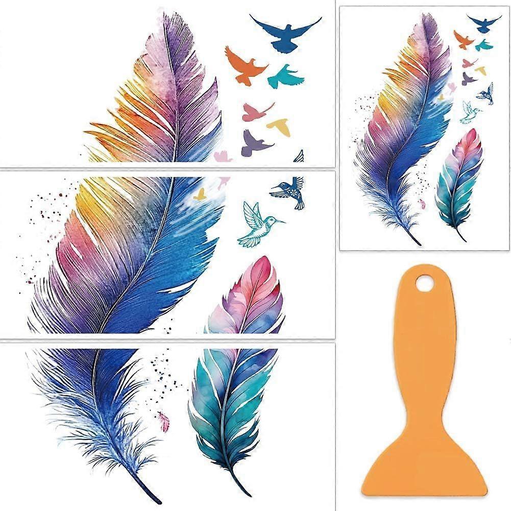 3Pcs/Set Feather Rub on Transfers for Furniture and Crafts 12x6 Inch Colored Feathers Furniture Decals Decor Bird Transfer Stickers with 1pc Scraper f