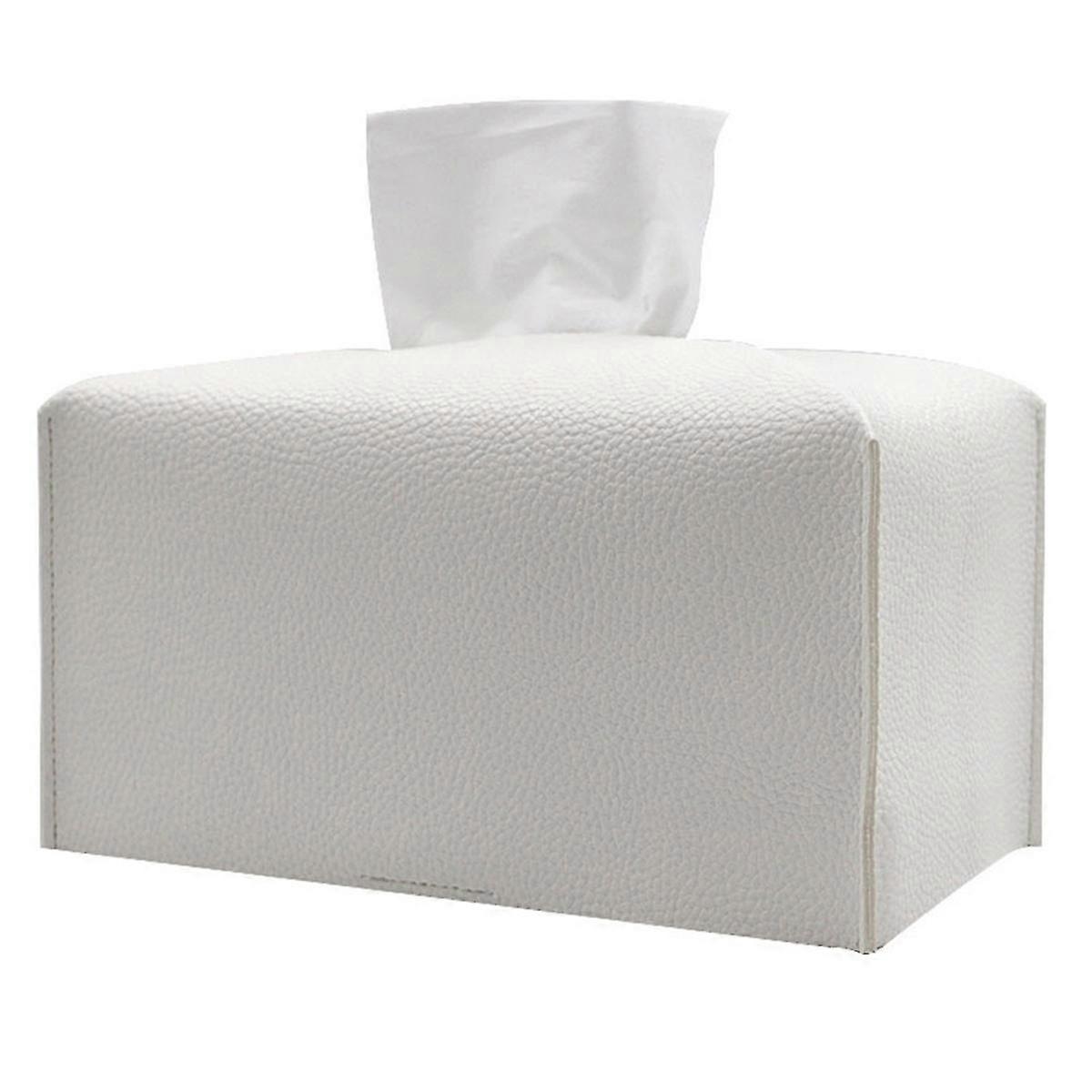 26-27 Large rectangular tissue box cover - long tissue box holder with bottom strap, faux leather rectangular tissue holder - white