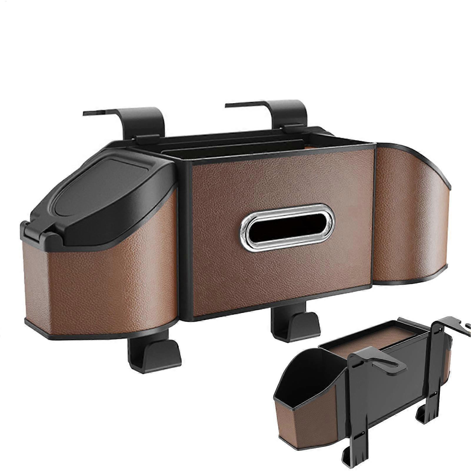 Car Back Seat Organizer PU Leather Waterproof MultiPocket Foldable Storage Bag with Cup Holders Brown